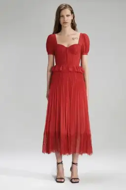 Self Portrait Red Chiffon Pleated Midi Dress Size 12
