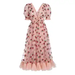 Lirika Matoshi Strawberry Midi Dress Pink Print Size UK 10 for rent on The Volte - image 3