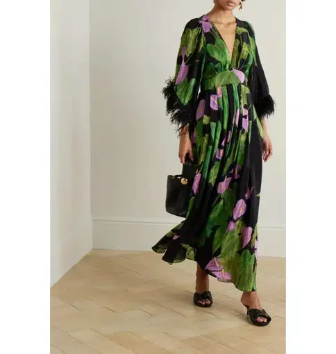 Farm Rio Feather Trimmed Maxi Dress Green Size M / UK 12