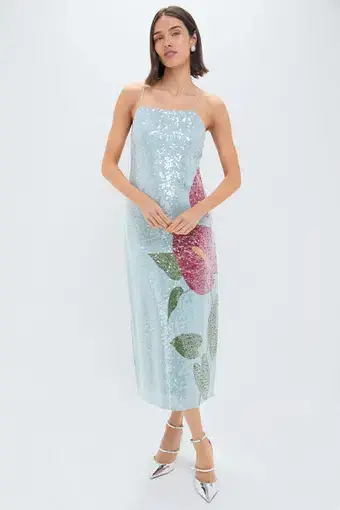 Farm Rio Anthurium Flowers Slip Maxi Dress Blue Sequin Size M / UK 12
