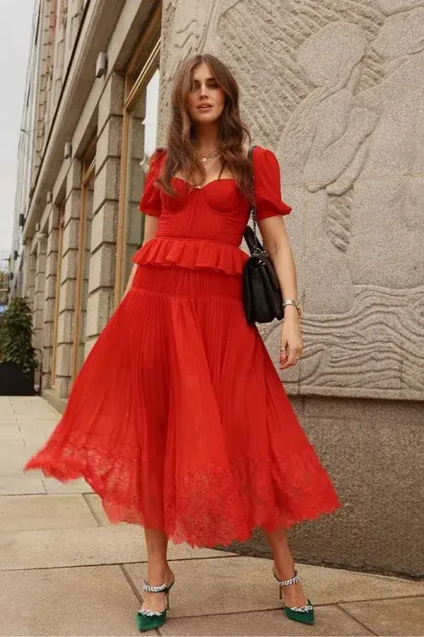 Self Portrait Red Chiffon Pleated Midi Dress Size 12 - Image 1