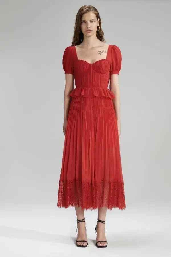 Self Portrait Red Chiffon Pleated Midi Dress Size 12 - Image 2
