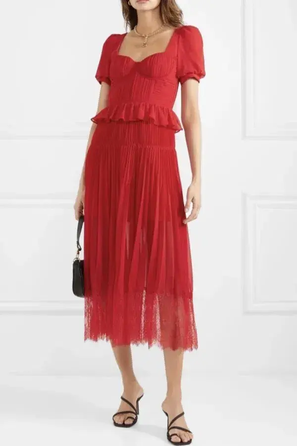 Self Portrait Red Chiffon Pleated Midi Dress Size 12 - Image 3