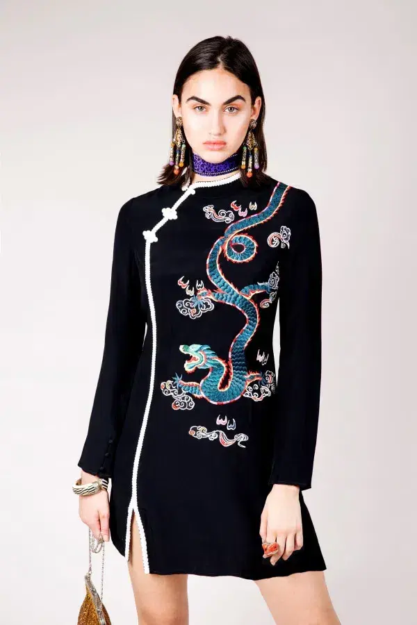 RIXO Oriental Orchid Dragon Mini Dress Black Size 10 - Image 1
