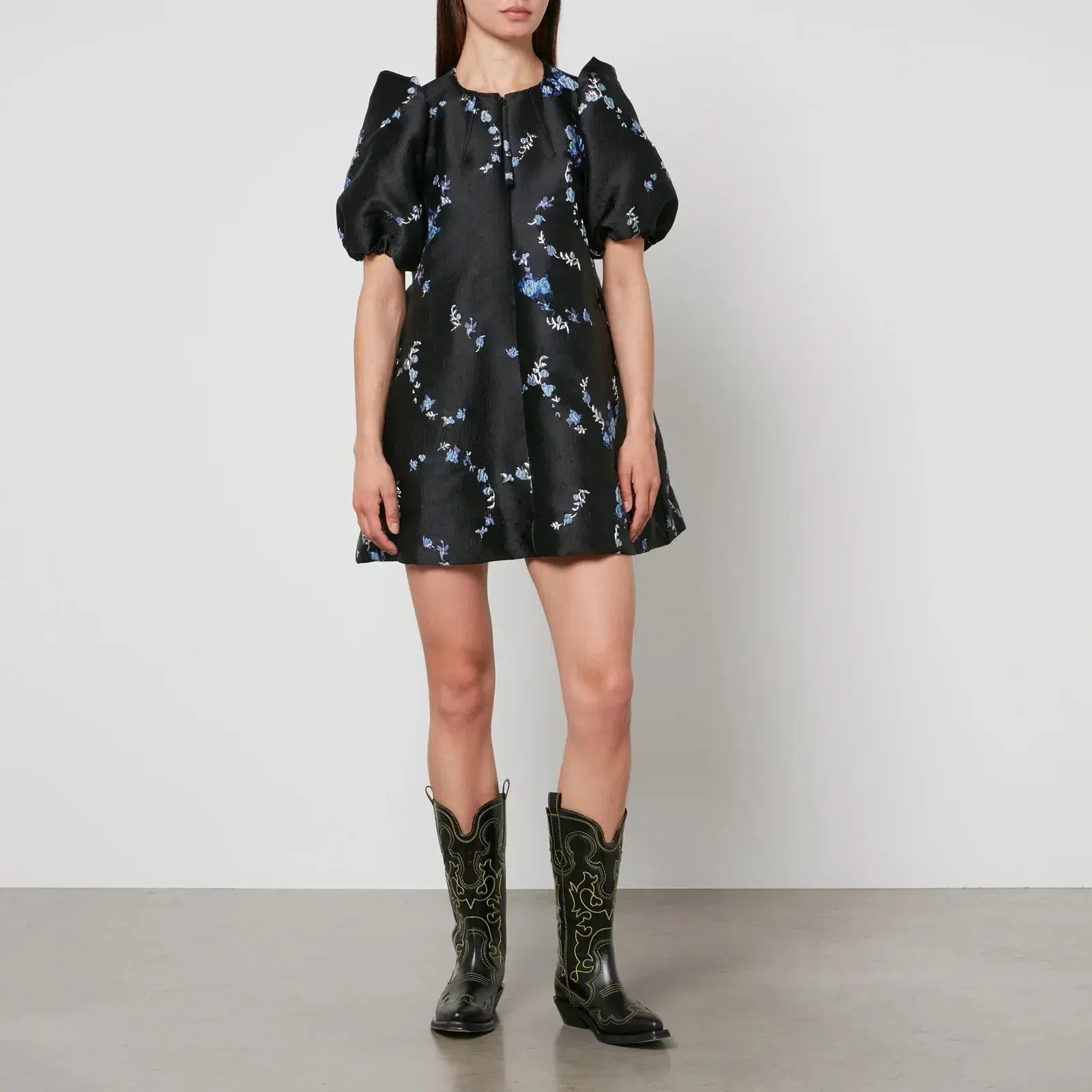 Ganni Jacquard Mini Dress Black Floral Size UK 10 - Image 2