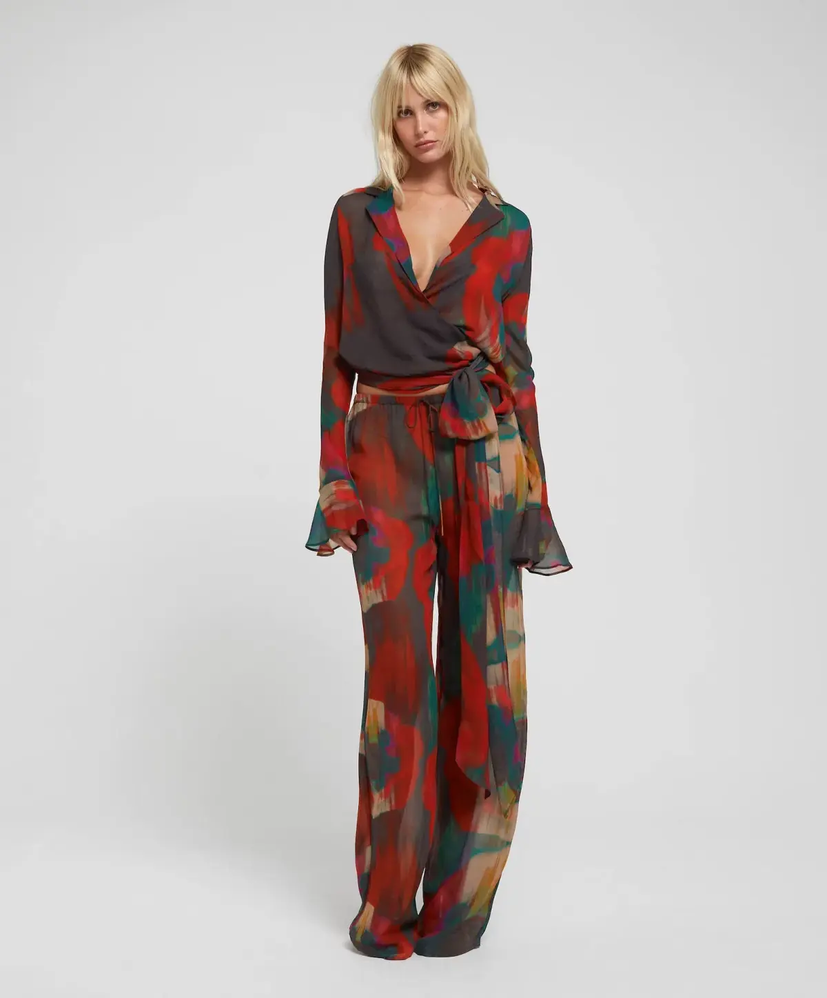 Rat & Boa Gemini Blouse Size M/UK10 and Roma Trousers Size L/UK12 Set Abstract Poppy Print - Image 1
