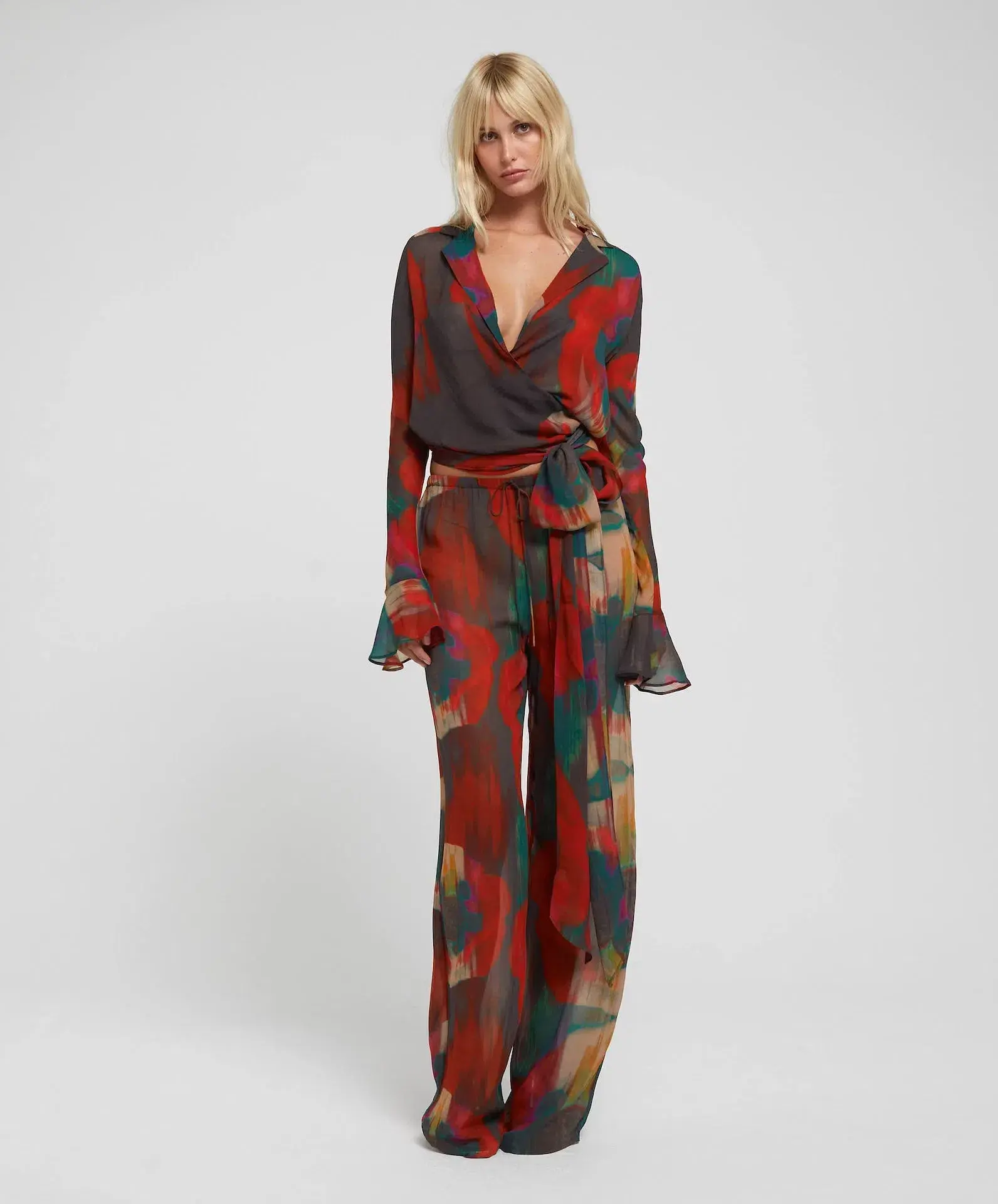 Rat & Boa Gemini Blouse Size M/UK10 and Roma Trousers Size L/UK12 Set Abstract Poppy Print - Image 1
