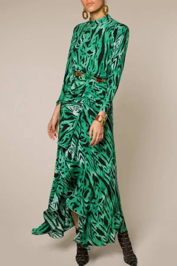 RIXO Lucy Green Tiger Midi Dress Green Size UK 10 - Image 1