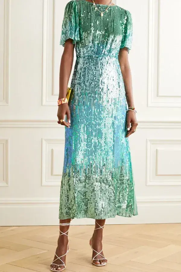RIXO Rent Venus Turquoise Sequin Midi Dress Size UK 12 - Image 2