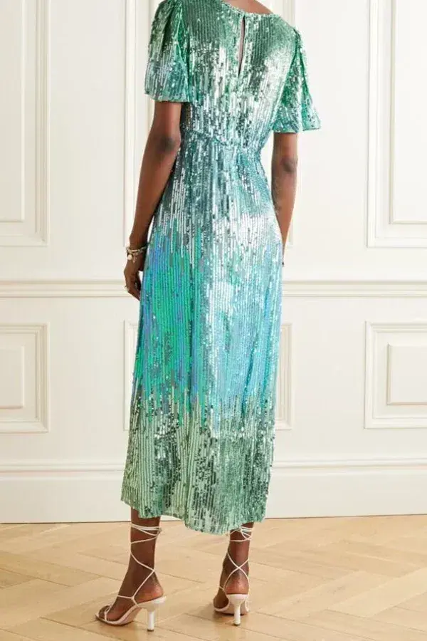 RIXO Rent Venus Turquoise Sequin Midi Dress Size UK 12 - Image 3