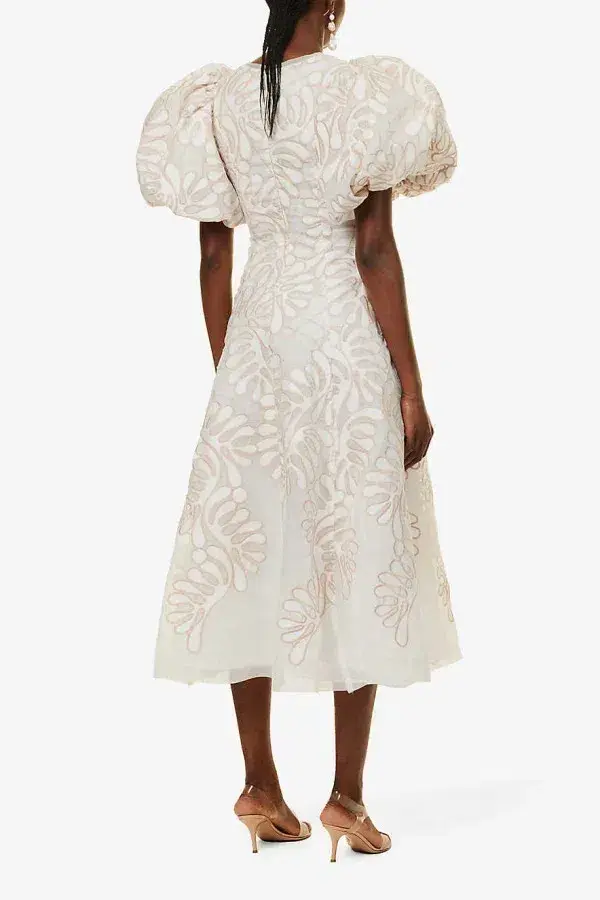 Aje Botanical Applique Puff Sleeve Midi Dress Ivory/Ecru Size UK 10 for rent on The Volte - main image