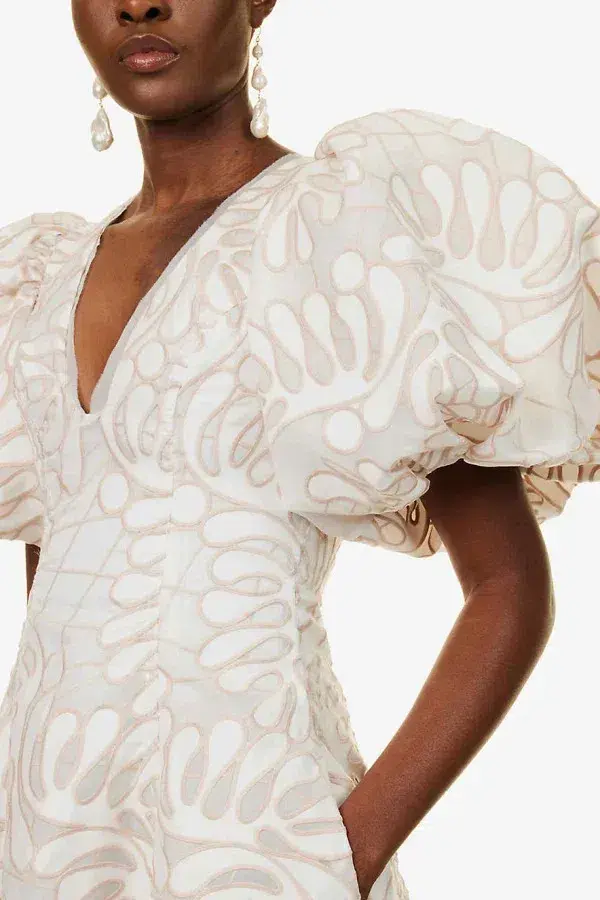 Aje Botanical Applique Puff Sleeve Midi Dress Ivory/Ecru Size UK 10 - Image 4