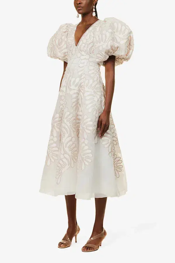 Aje Botanical Applique Puff Sleeve Midi Dress Ivory/Ecru Size UK 10 for rent on The Volte - main image