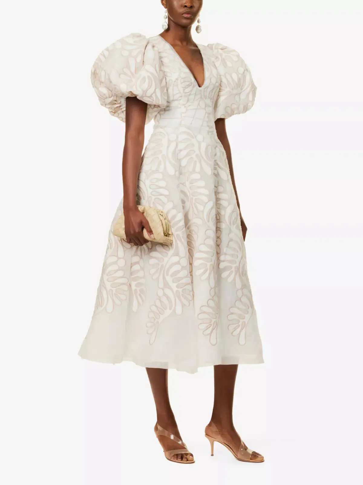 Aje Botanical Applique Puff Sleeve Midi Dress Ivory/Ecru Size UK 10 - Image 1