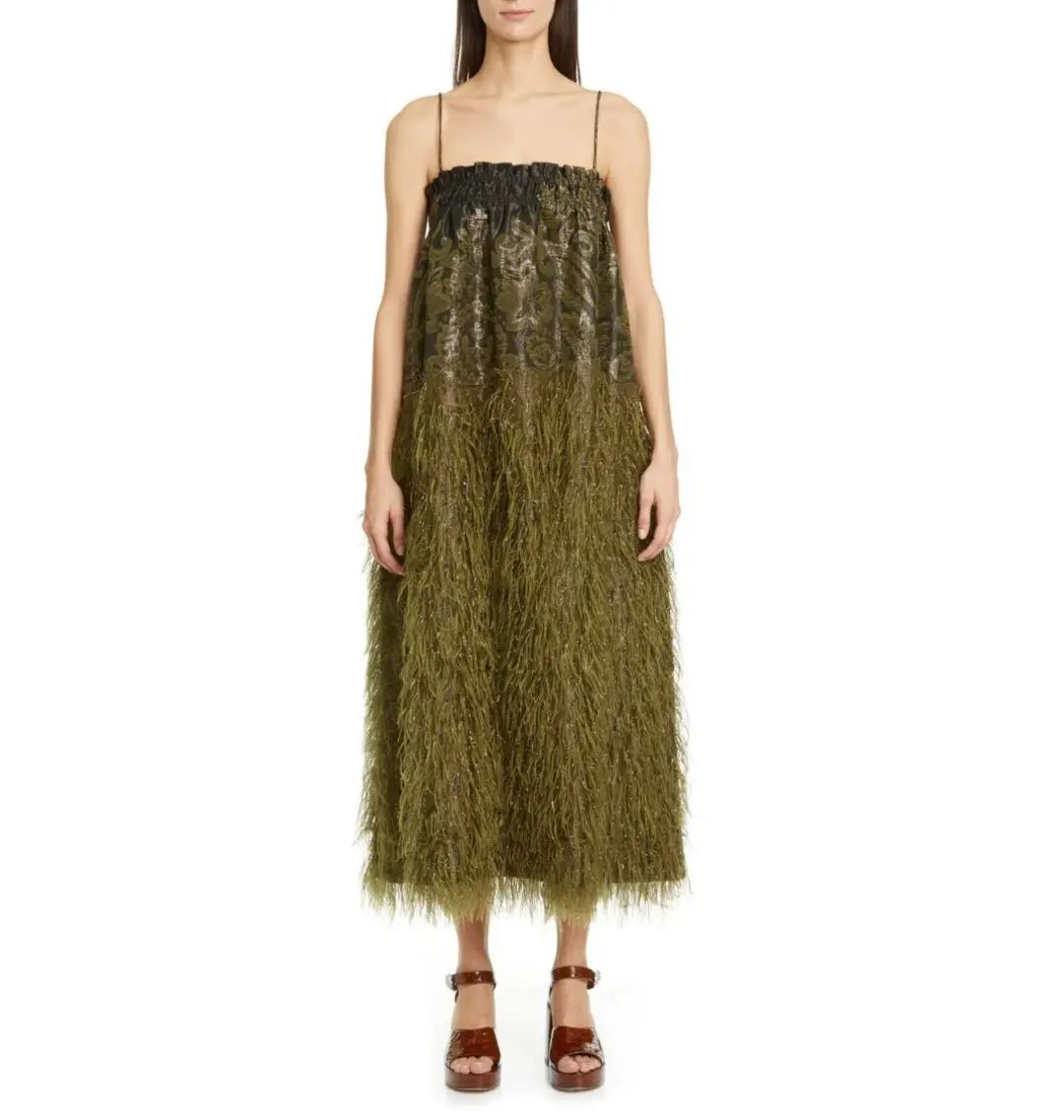 Ganni Feather Jacquard Midi Dress in Green Size UK 8 for rent on The Volte - main image