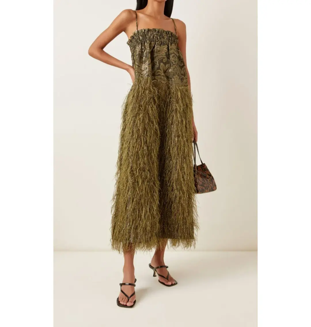 Ganni Feather Jacquard Midi Dress in Green Size UK 8 for rent on The Volte - main image
