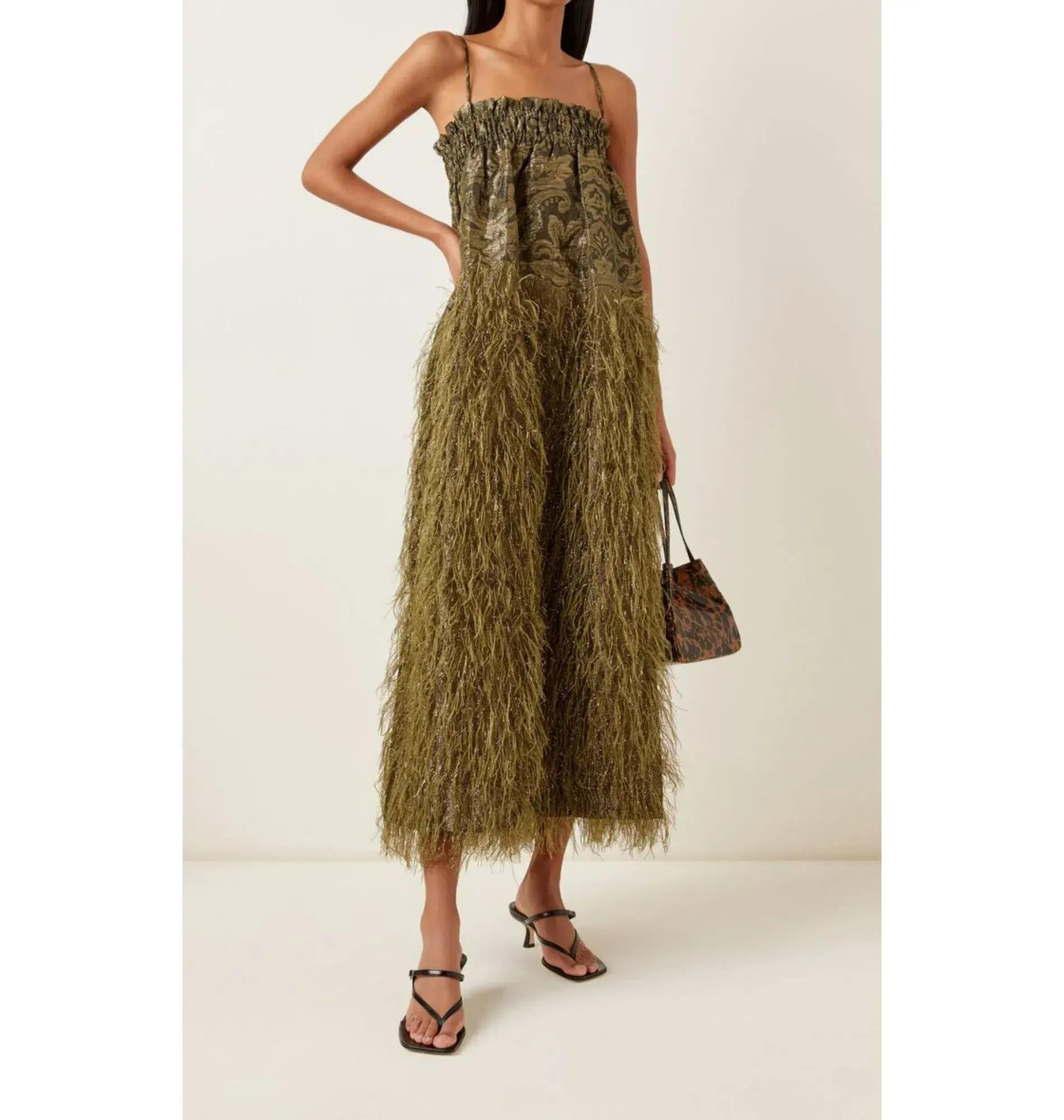 Ganni Feather Jacquard Midi Dress in Green Size UK 8 - Image 1