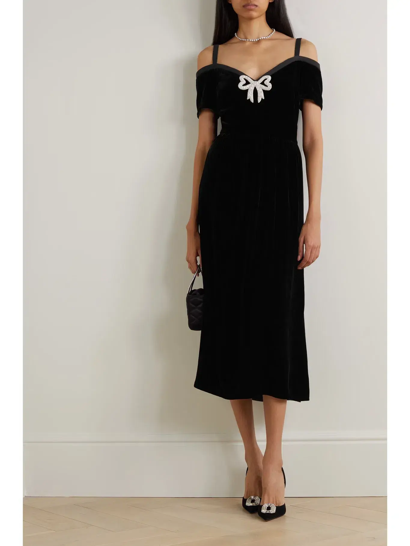 Saloni Clementine Embellished Velvet Midi Dress Black Size UK 12 - Image 1