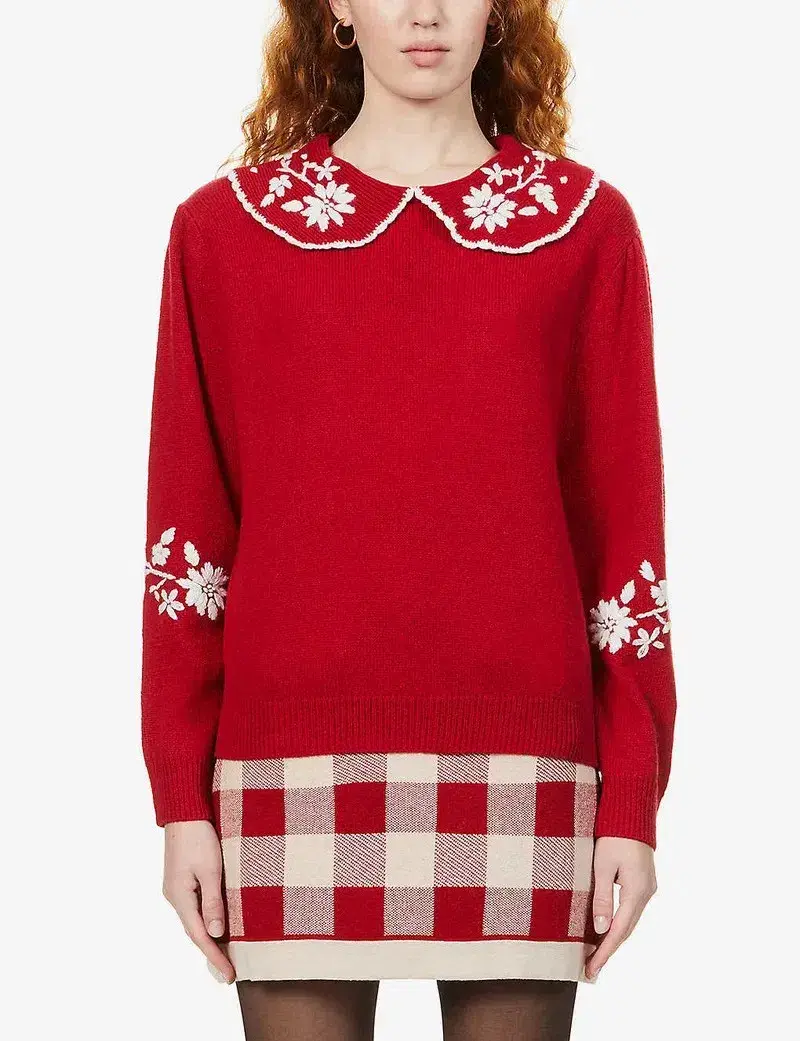 Rixo Lula Embroidered Wool Sweater Red Size S / UK 10 - Image 2