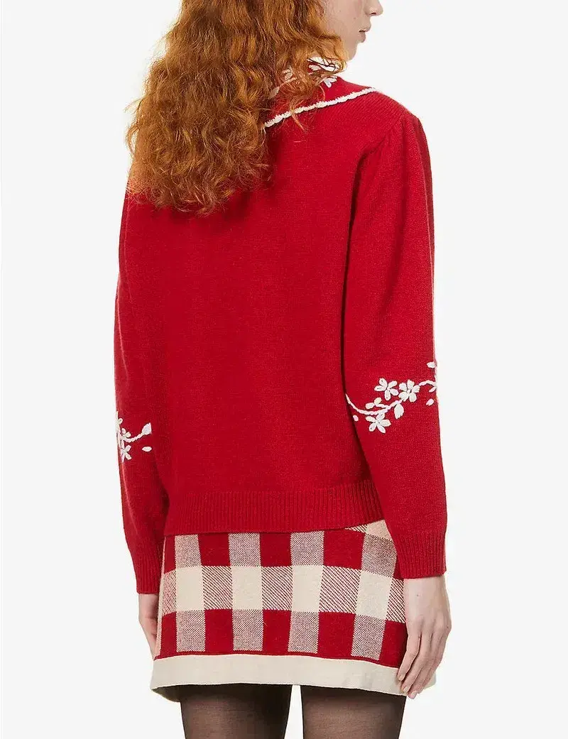 Rixo Lula Embroidered Wool Sweater Red Size S / UK 10 - Image 3