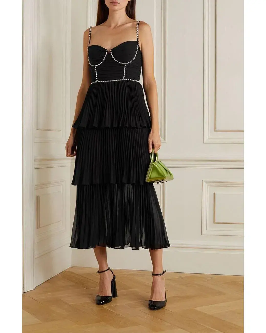 Self Portrait Diamante Embellished Tiered Chiffon Midi Dress Black Size 12 - Image 1
