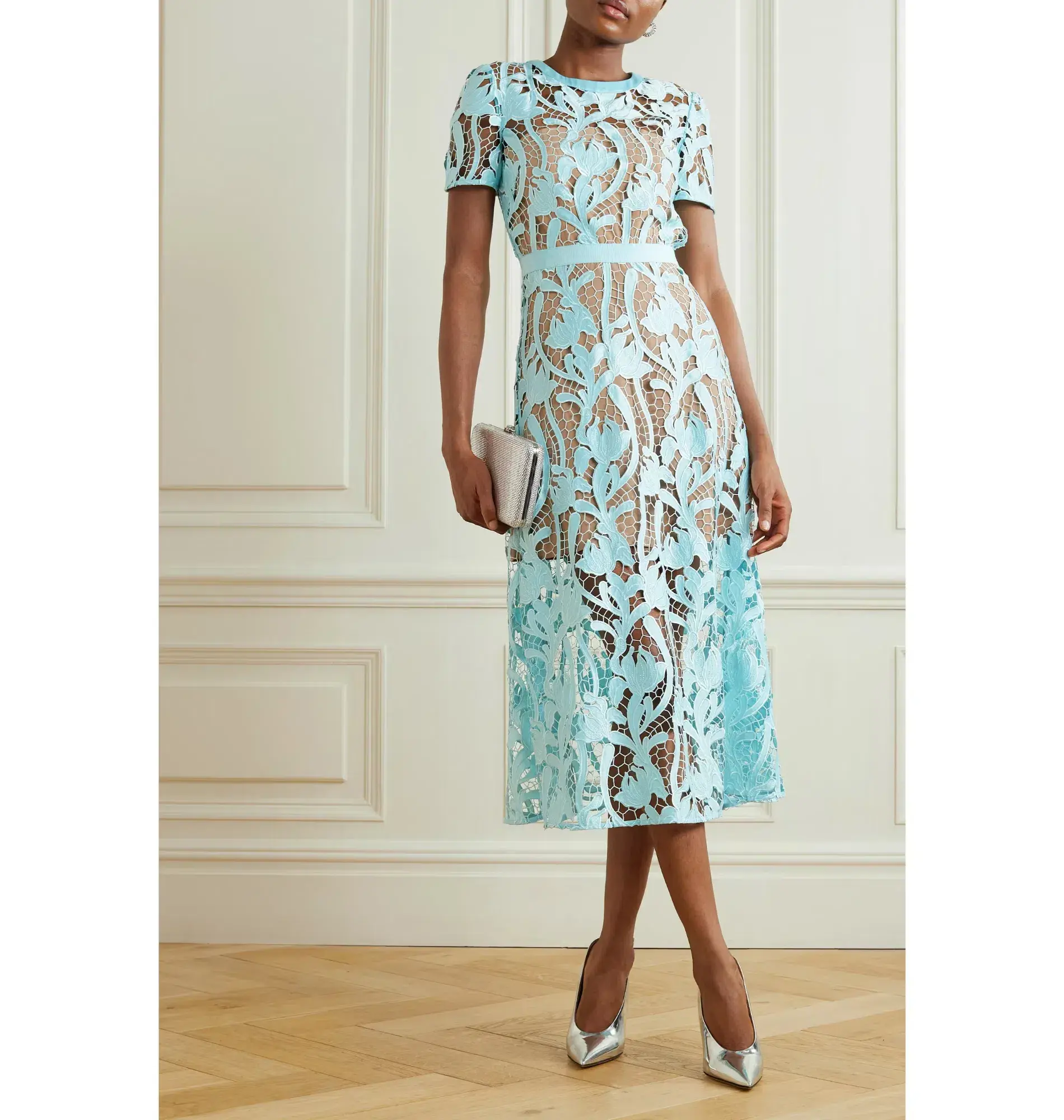 Self-portrait Grosgrain Guipure Lace Midi Dress Blue Size UK 12 - Image 1