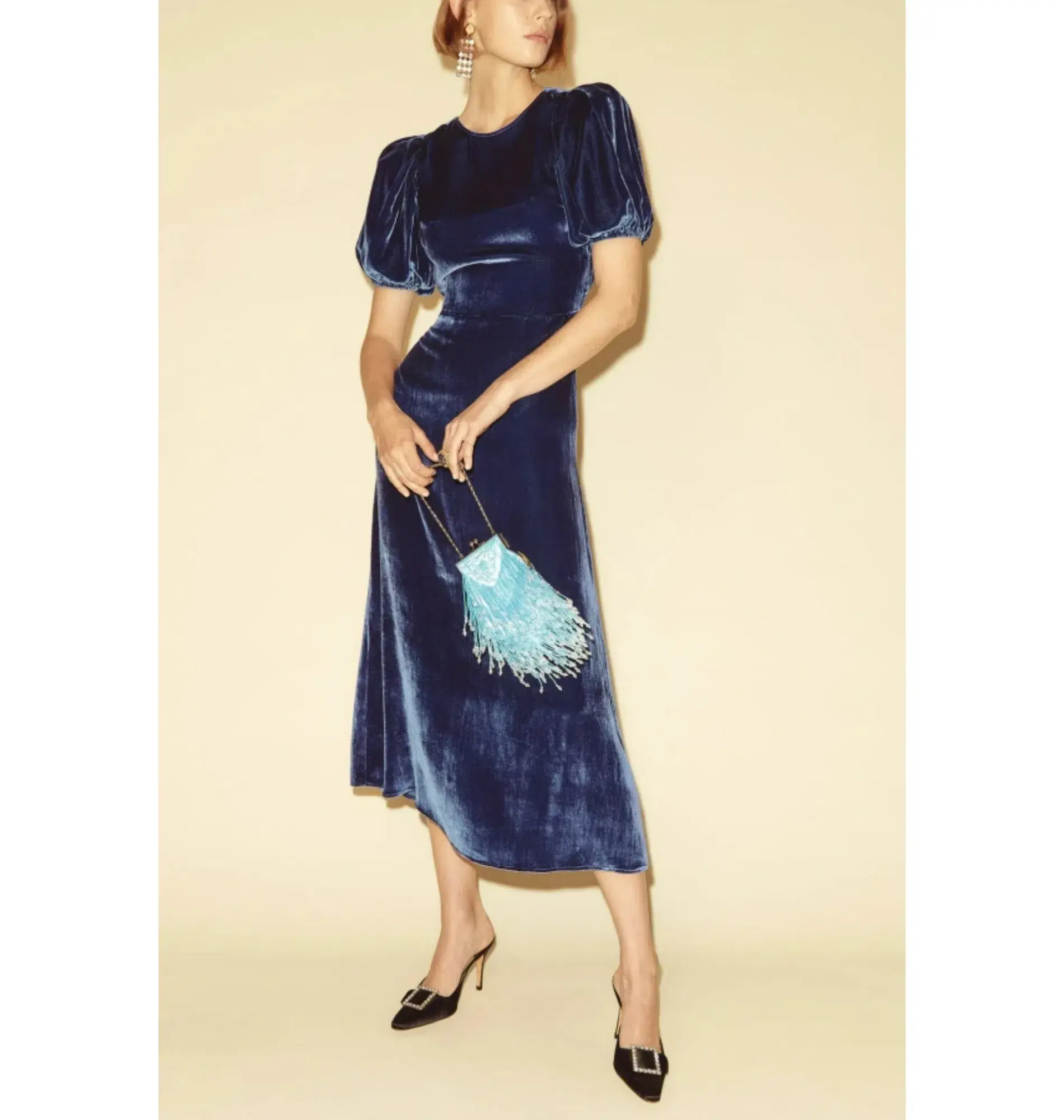 Reformation Livia Velvet Dress Blue Size UK 10 - Image 1
