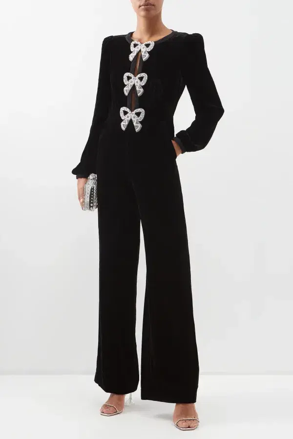 Saloni Camille Crystal Bow Jumpsuit Black Size UK 14 - Image 1