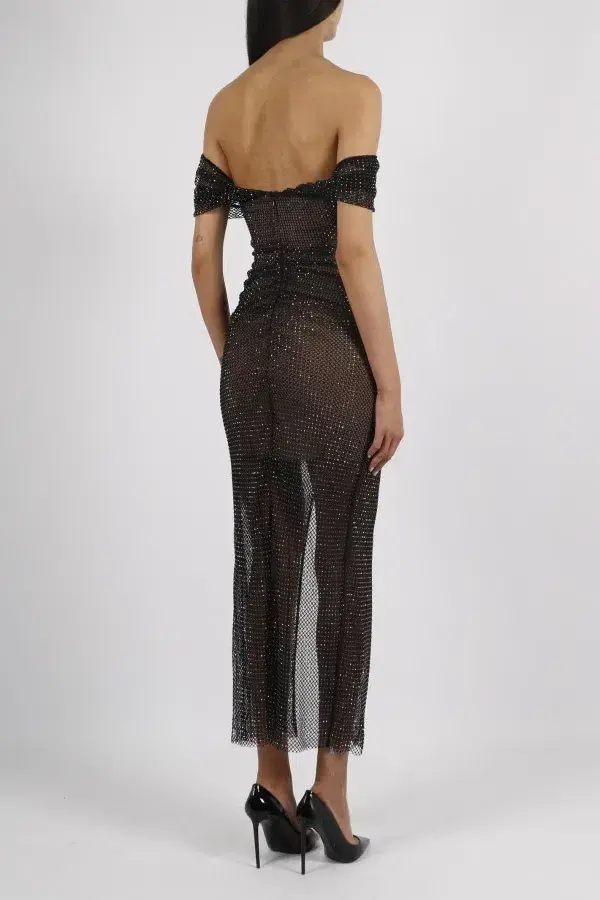 Self-Portrait Fishnet Crystal Off Shoulder Midi Dress Black Size UK 12 for rent on The Volte - main image