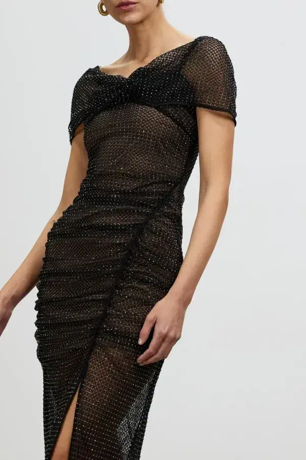 Self-Portrait Fishnet Crystal Off Shoulder Midi Dress Black Size UK 12 for rent on The Volte - main image