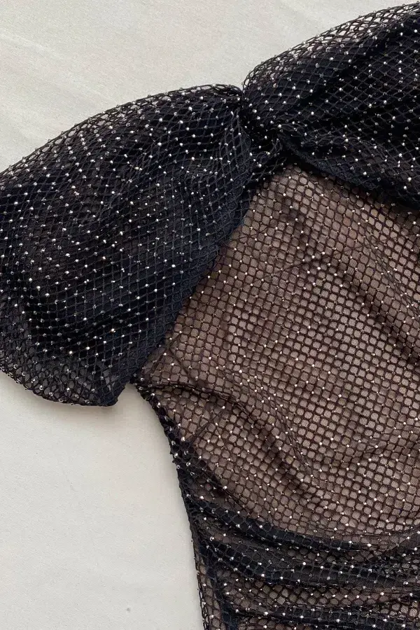 Self-Portrait Fishnet Crystal Off Shoulder Midi Dress Black Size UK 12 for rent on The Volte - main image