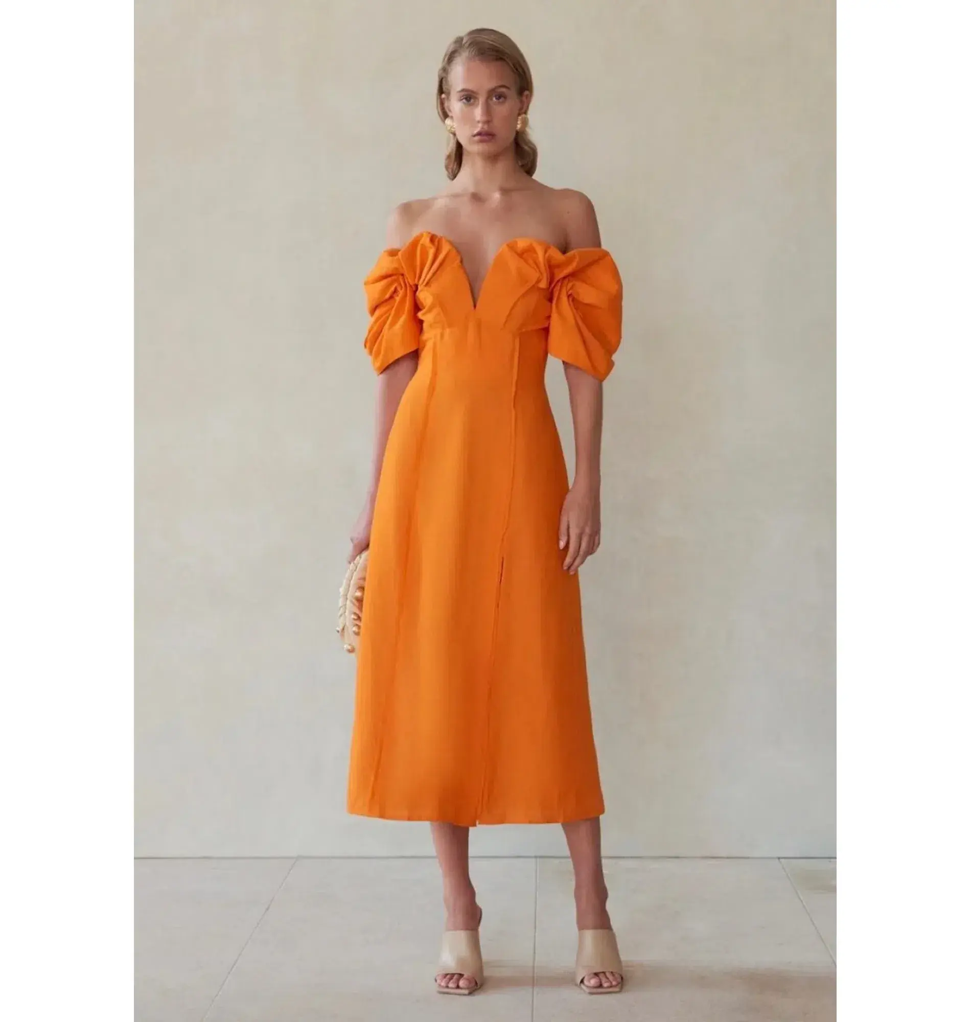 Cult Gaia Muna Off Shoulder Midi Dress Orange Size UK 12 - Image 1