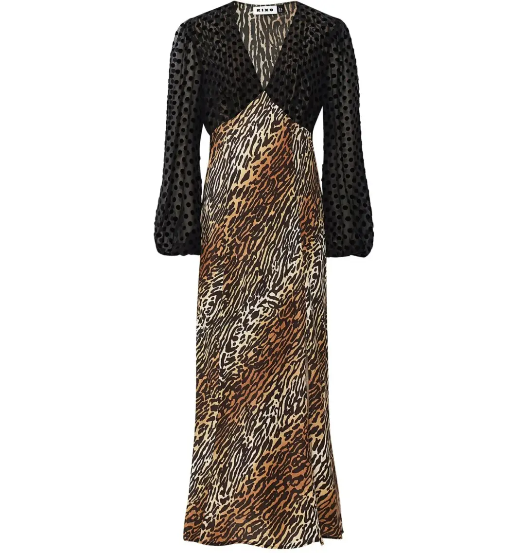 Rixo Melanie Leopard Midi Dress Leopard Print Size UK 12 for rent on The Volte - main image