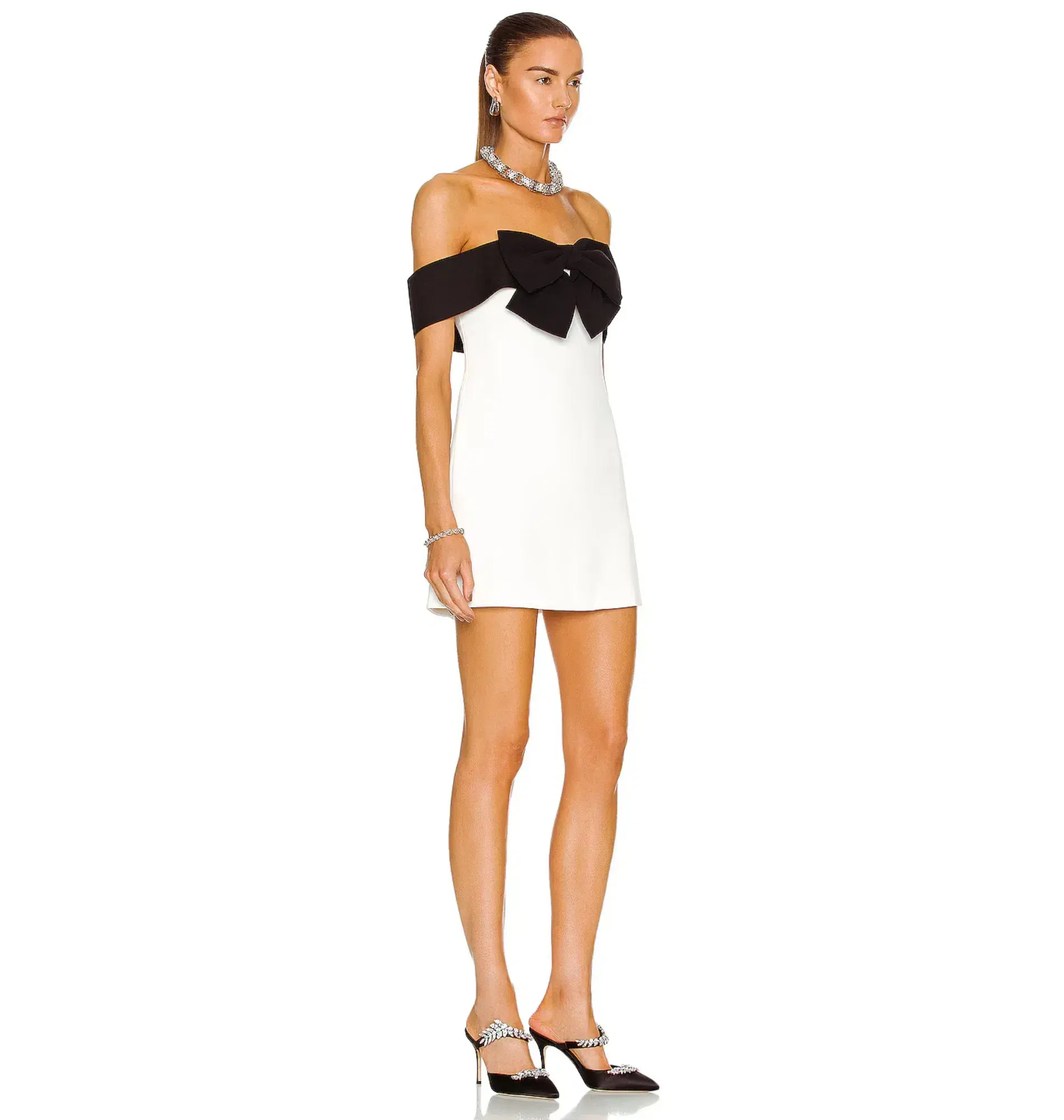 Self Portrait Off Shoulder Bow Dress in Monochrome Size UK 10 - Image 2
