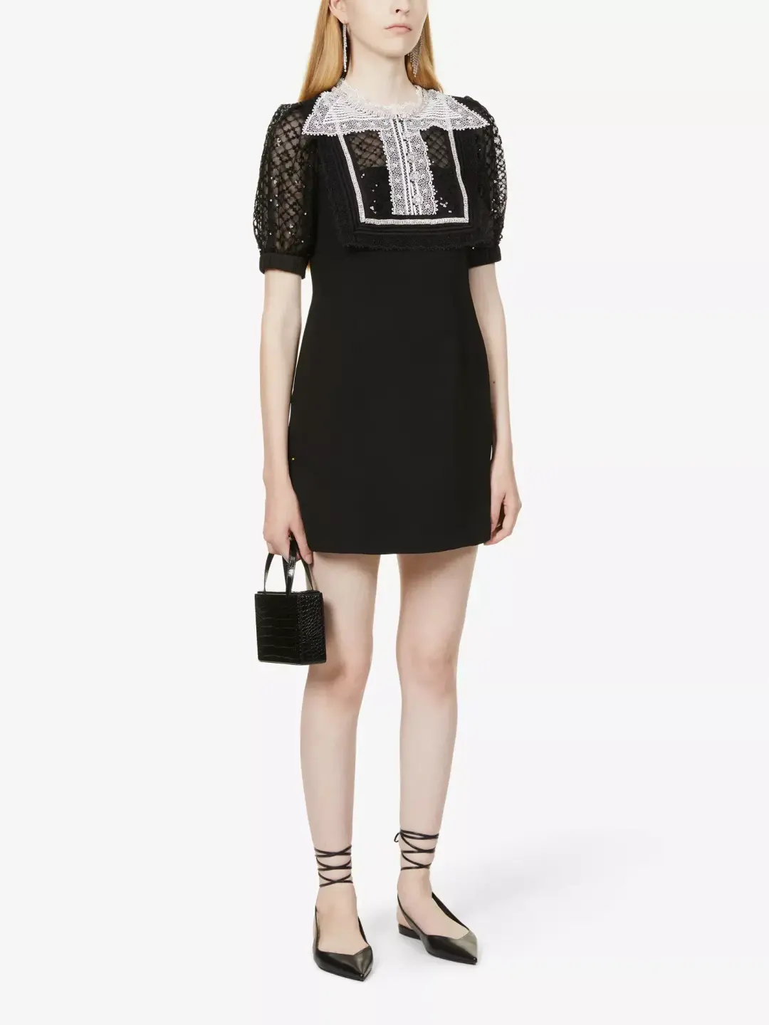 Self Portrait Diamante Bib Front Collared Mini Dress Black Size UK 12 for rent on The Volte - main image