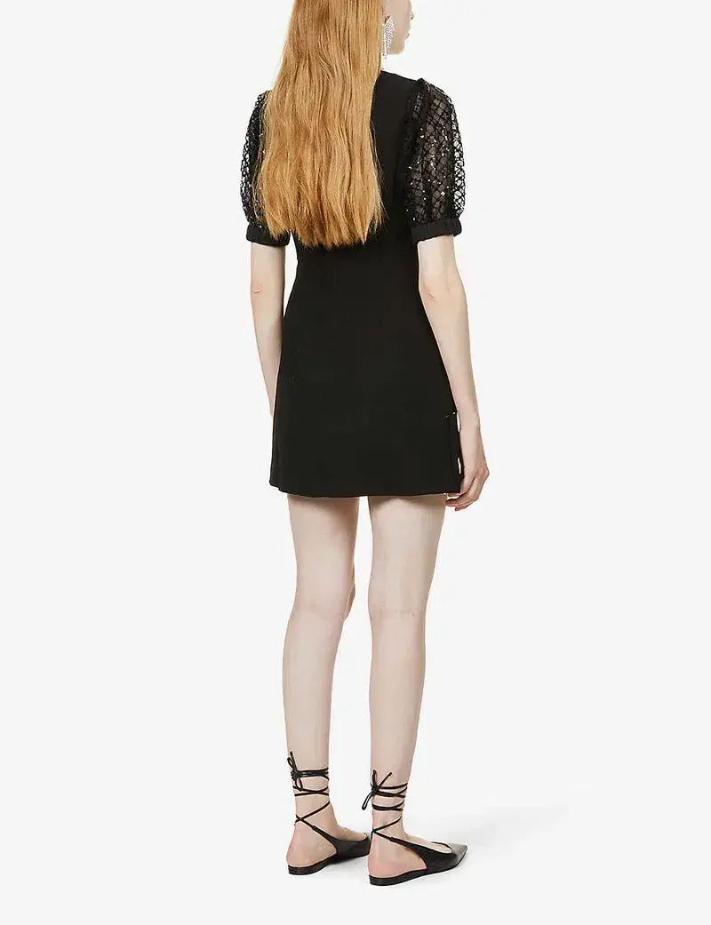 Self Portrait Diamante Bib Front Collared Mini Dress Black Size UK 12 for rent on The Volte - main image