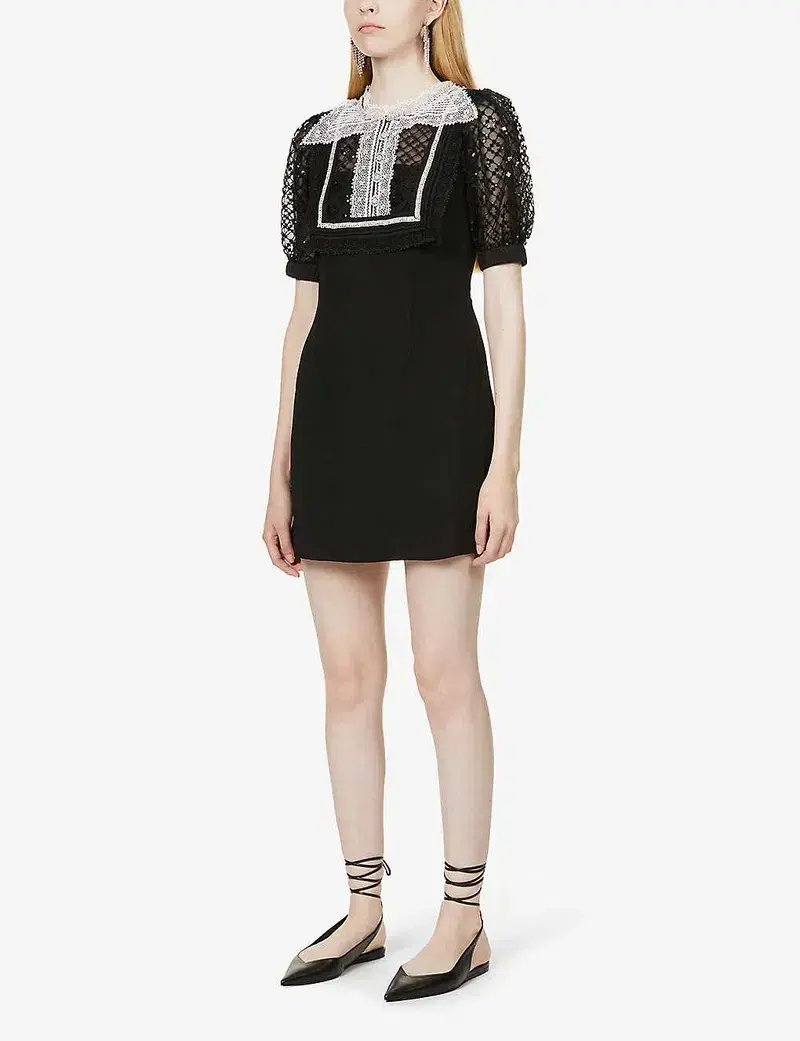 Self Portrait Diamante Bib Front Collared Mini Dress Black Size UK 12 for rent on The Volte - main image