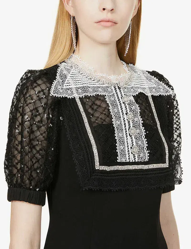 Self Portrait Diamante Bib Front Collared Mini Dress Black Size UK 12 for rent on The Volte - main image