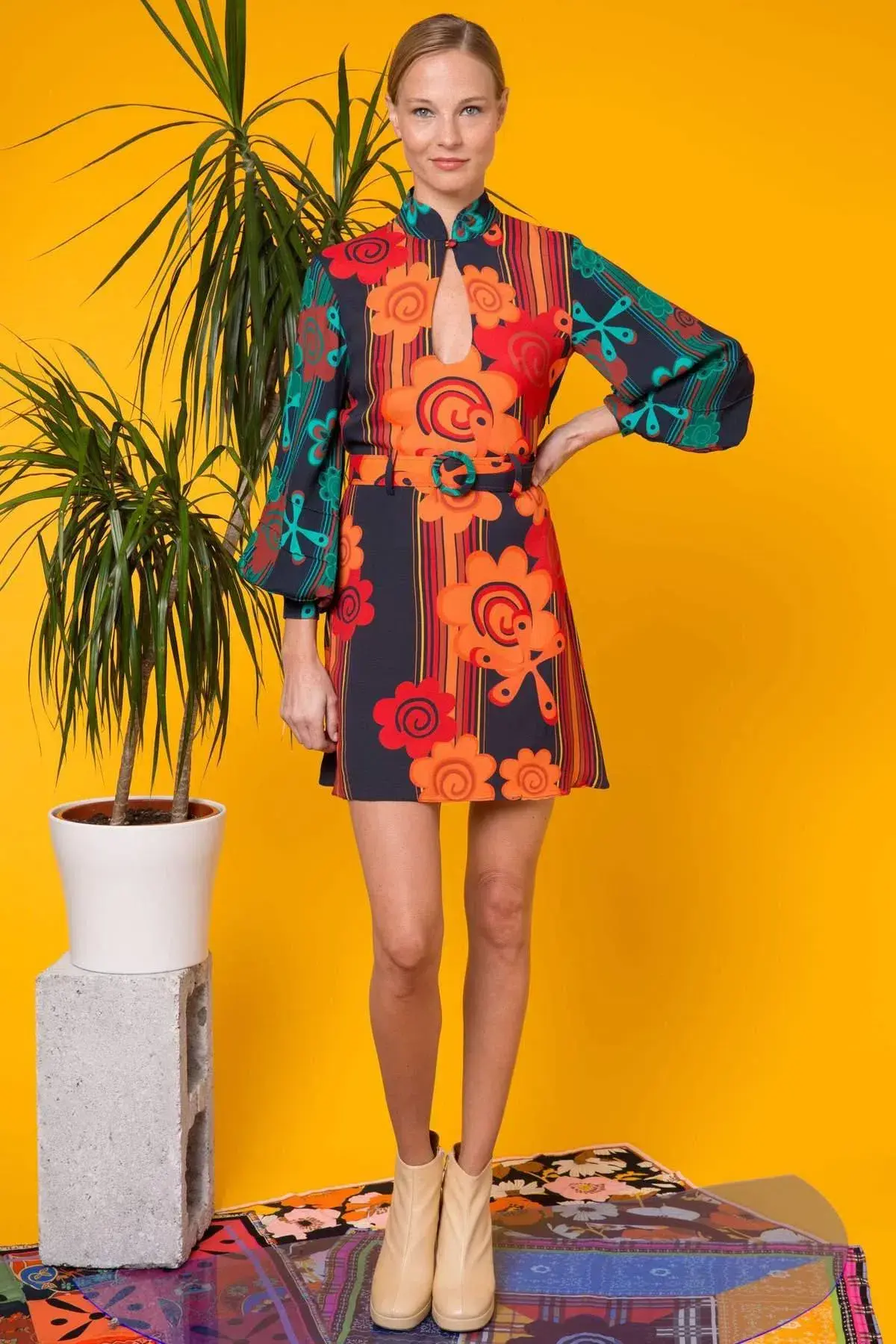 Rixo Michelle Retro Flower Stripe Mini Dress Print Size S / UK 8 - Image 1