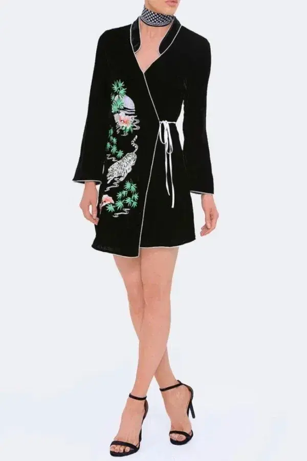RIXO Iris Tiger Velvet Mini Dress Black Size UK 12 - Image 1