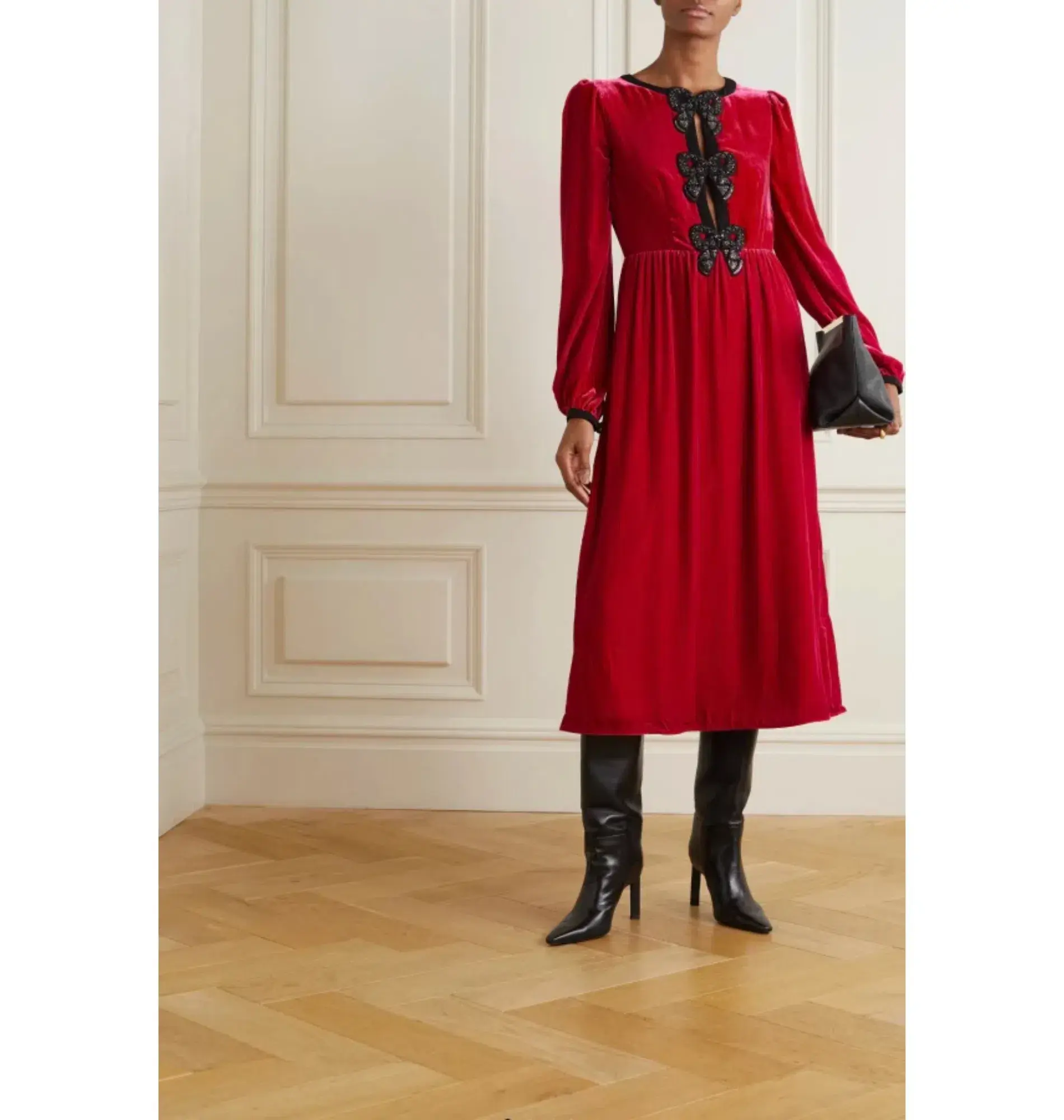 Saloni Camille Velvet Bow Dress Red Size UK 12 - Image 1