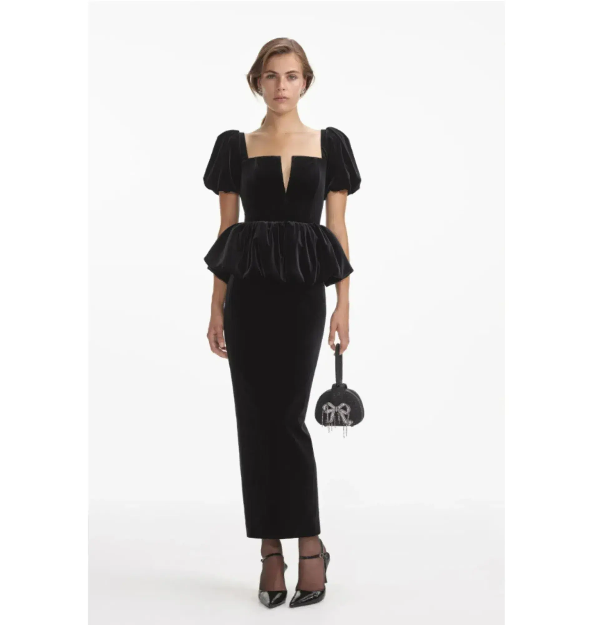 Self Portrait Peplum Velvet Puff Sleeve Dress Black Size UK 10 - Image 1