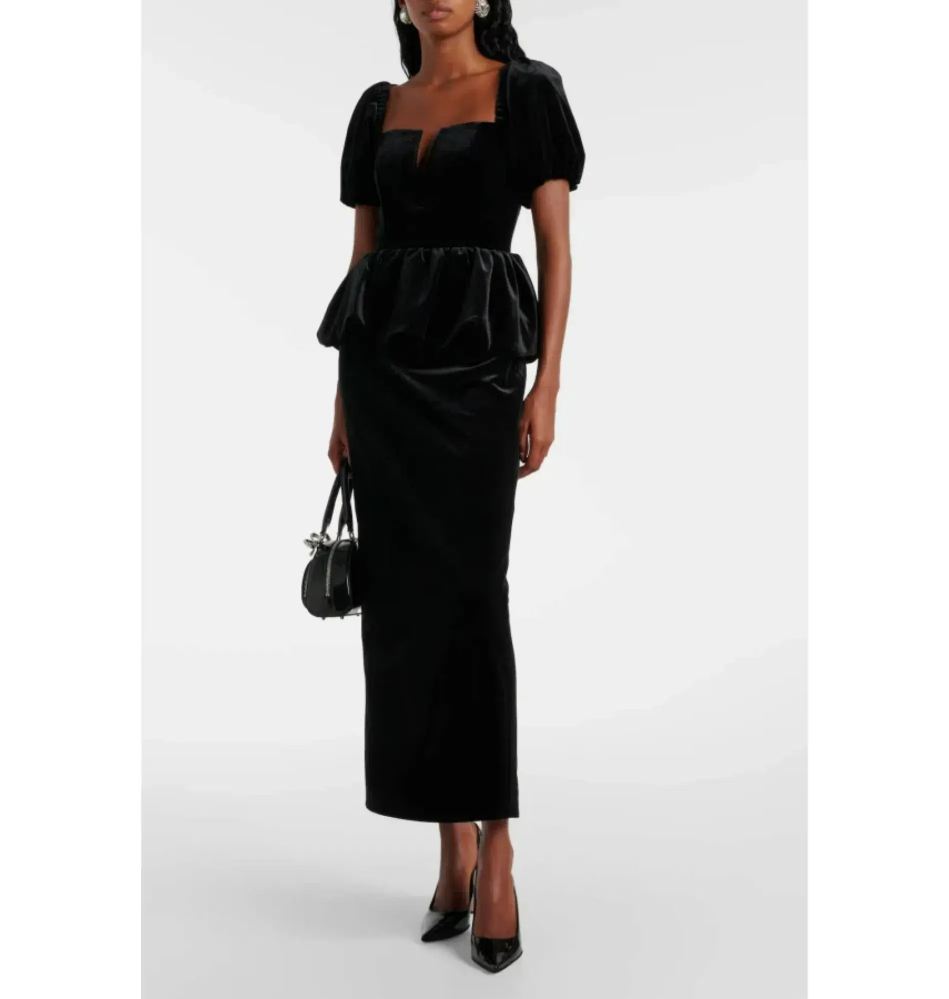 Self Portrait Peplum Velvet Puff Sleeve Dress Black Size UK 10 - Image 2