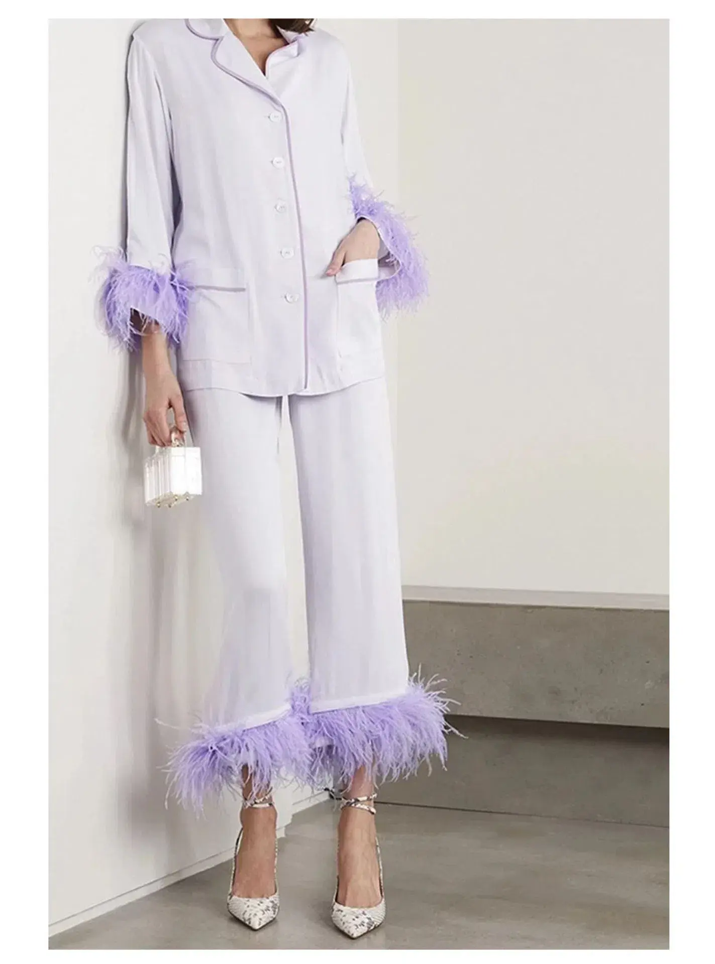 Sleeper Party Double Feather Trimmed Pyjama Set Lilac Size UK 10 - Image 2