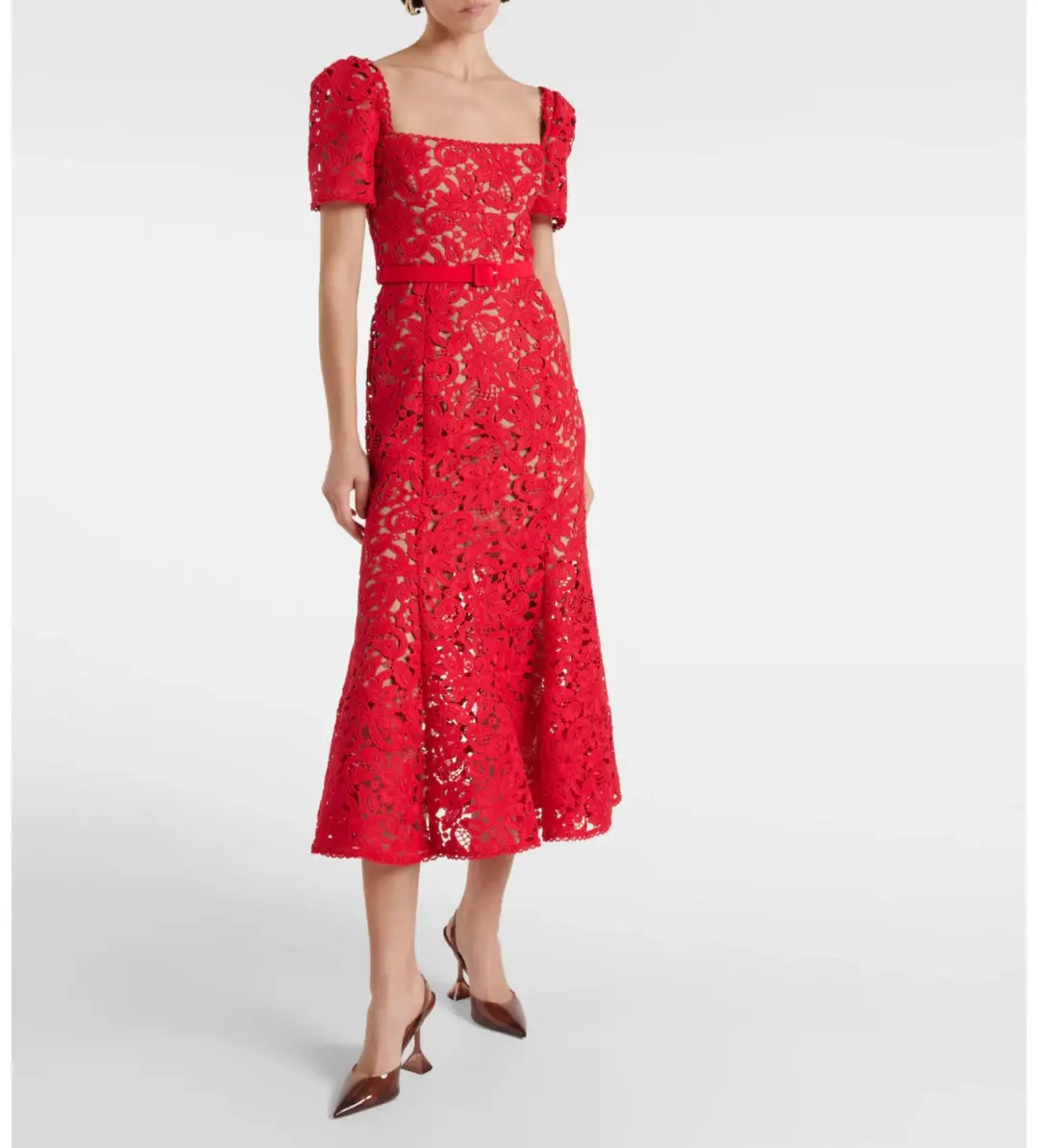 Self-portrait  Belted Lace Midi Dress Red Size 8  for rent on The Volte - main image