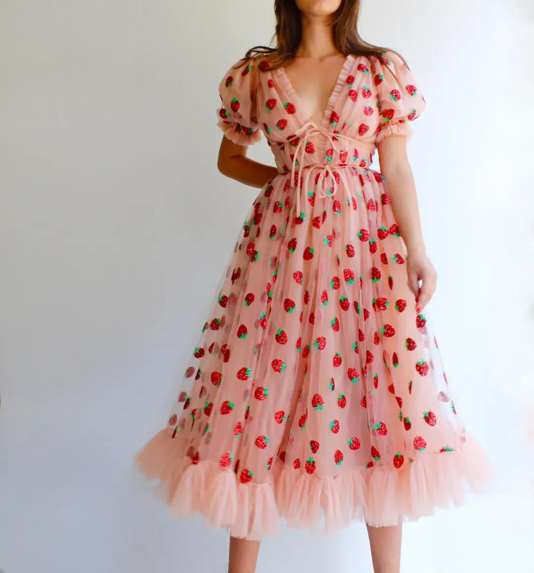 Lirika Matoshi Strawberry Midi Dress Pink Print Size UK 10 for rent on The Volte - main image