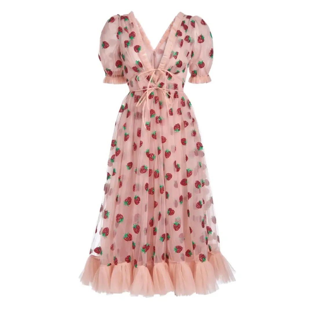 Lirika Matoshi Strawberry Midi Dress Pink Print Size UK 10 for rent on The Volte - main image