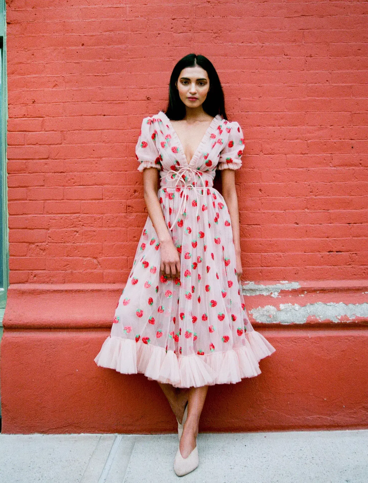 Lirika Matoshi Strawberry Midi Dress Pink Print Size UK 10 - Image 1