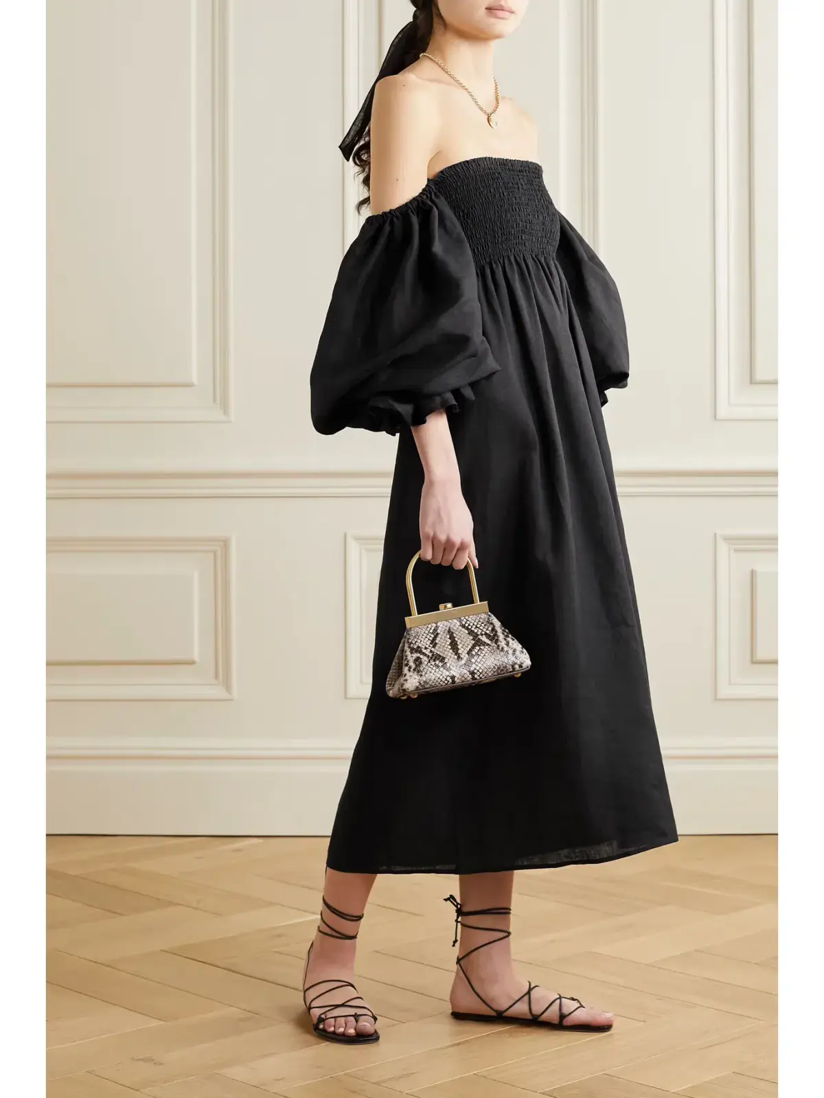 Sleeper Atlanta Off Shoulder Midi Dress Black Size M / UK 10 - Image 1