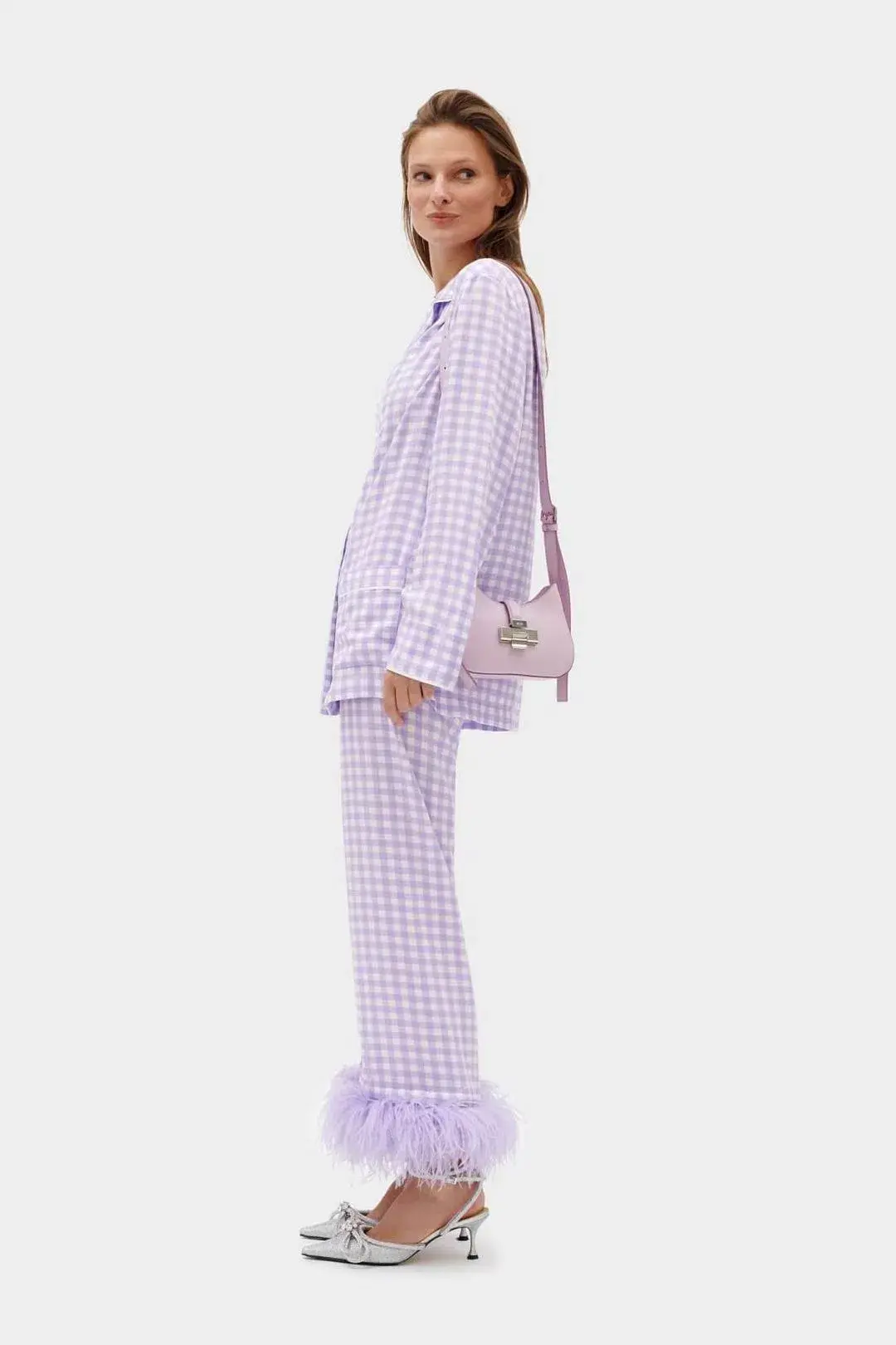 Sleeper Party Gingham Feather Cuff Pajamas Purple Size M / UK 10 - Image 3